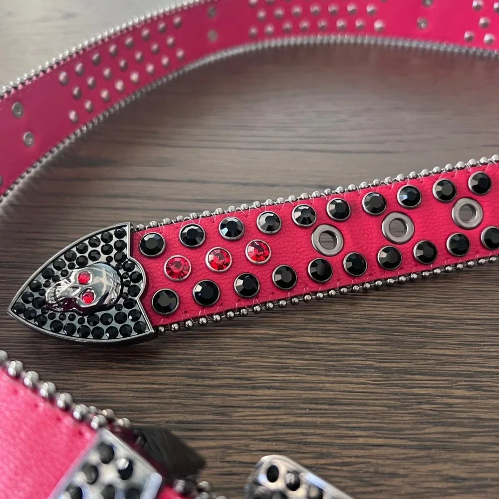 Hot Pink Red Rhinestone Skull Buckle‎ Western Sparkly Belt Women's Belt